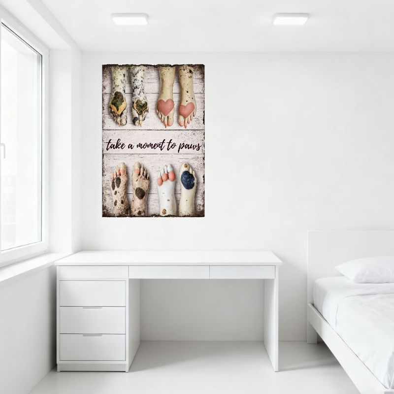 Take a Moment To Paws Whimsical Animal Paws Wooden Planked Background Metal Tin Sign for Home Office Wall Decor, Stylized Anthro