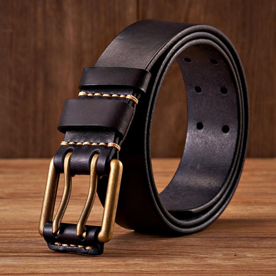 3,8 cm breiter Vintage-Herrengürtel Rindsleder Echtleder Gürtel Kupfer Doppelnadelschnalle Handgefertigter Jeansgürtel Mode Männliches Band