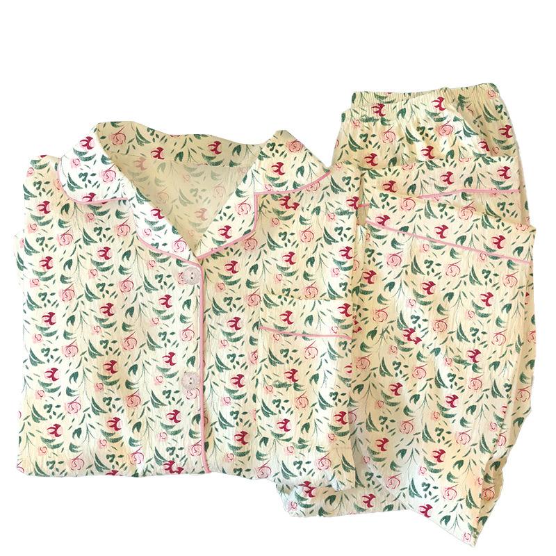 High-Quality Sweet Flower Lapel Cardigan Pajamas Women'S Spring Long-Sleeved Trousers Loungewear Set Can Be Worn Outside