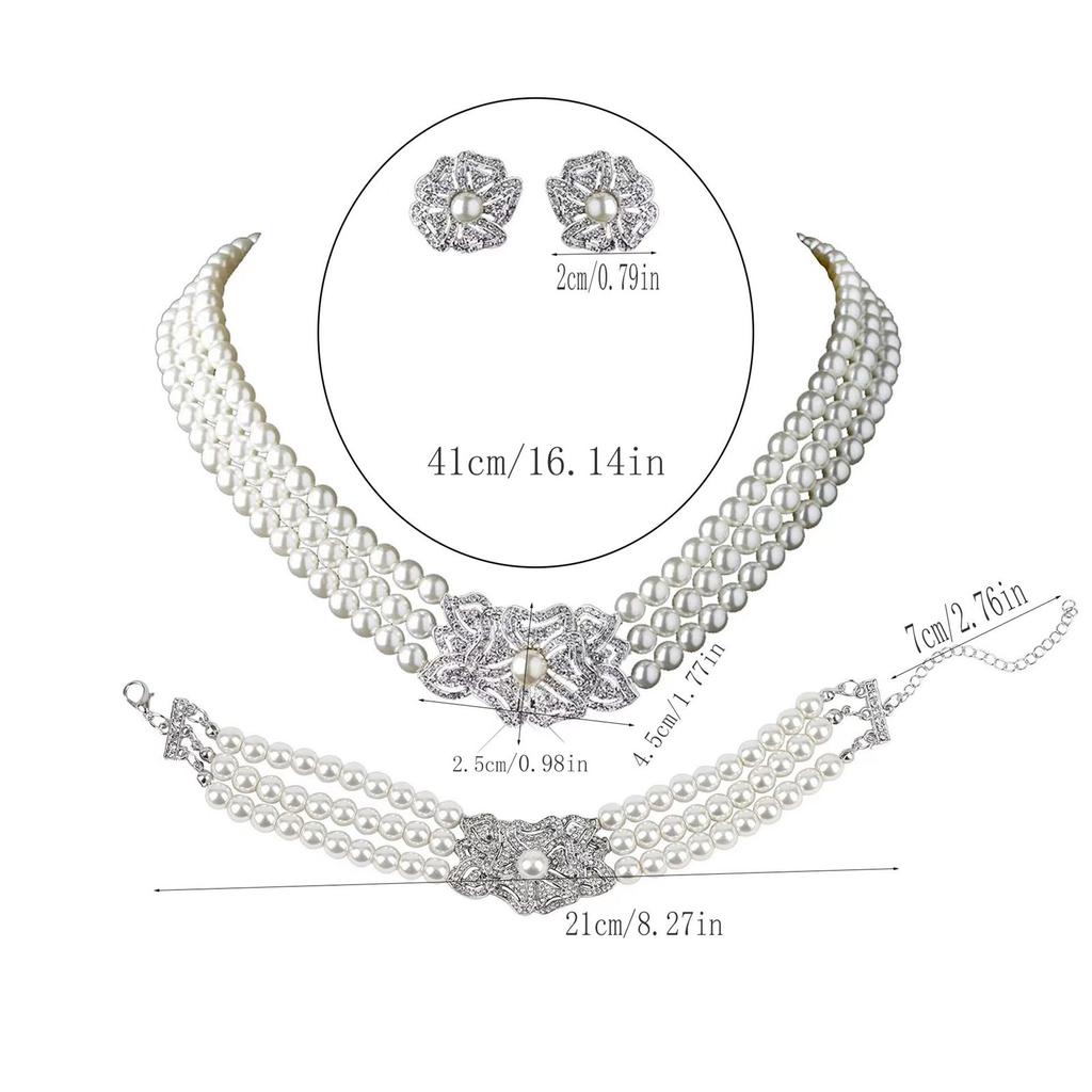 Victorian Style Necklace Earrings Bracelet Set Featuring Simulated Pearls and Cubic Zirconia for Elegant Occasions