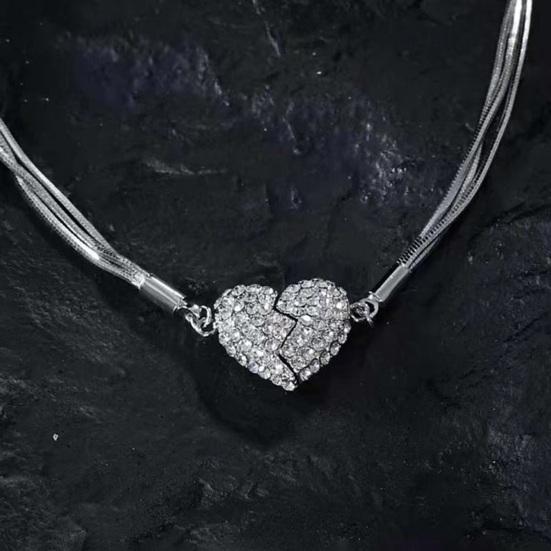 Yousheng Women Necklace Magnetic Broken Heart Pendant Rhinestone Three-layered Snake Bone Chain Prom Party Clavicle Necklace Weddings Jewelry