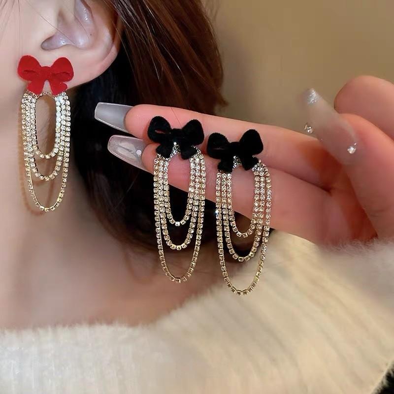 Korean sweet fringed diamond flocking bow long fringed earrings personalized chain earrings