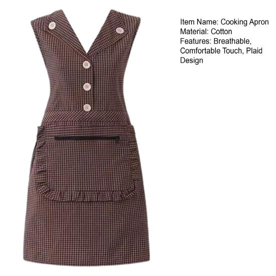 Cooking Apron Sleeveless Oil-proof Zipper Pocket Western Style Lapel Plaid Pattern Cotton Apron Waistcoat Housework Workwear Daily Use