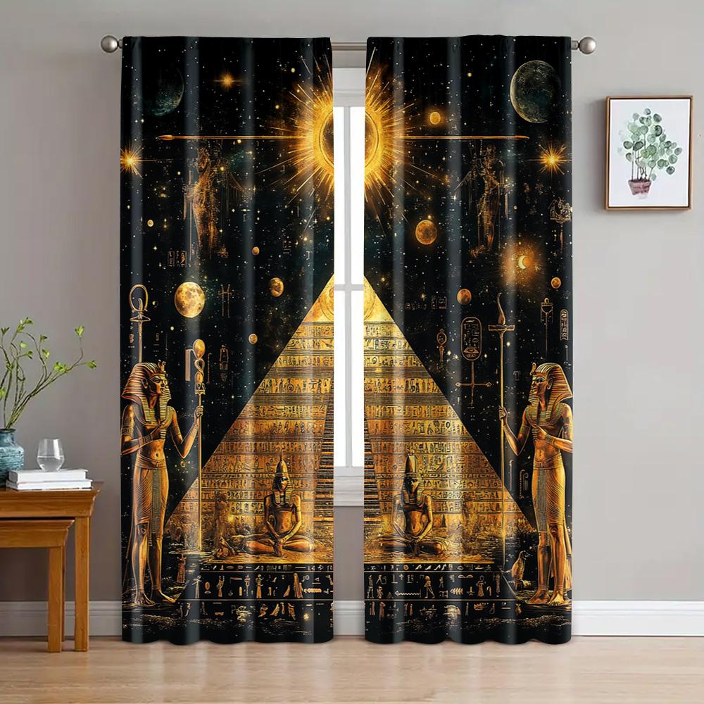 2pc, Window Curtains Egyptian Pyramid Vintage 100% Polyester,Without Electricity Festive Holiday Applies To Multipurpose
