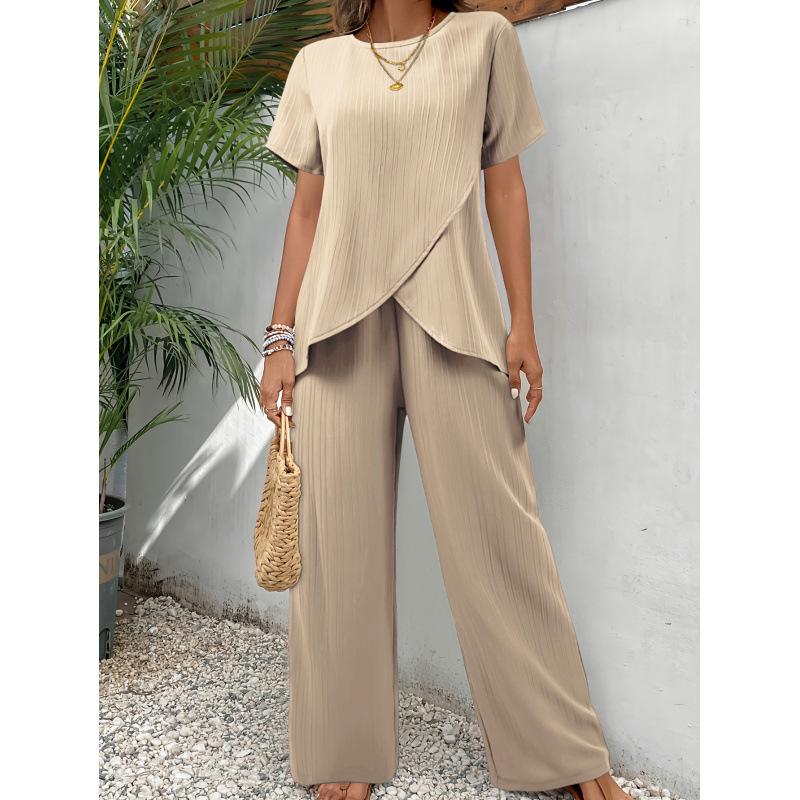 

2025 European Women s Casual Plus Size Irregular Summer Wide-Leg Pants Set M
