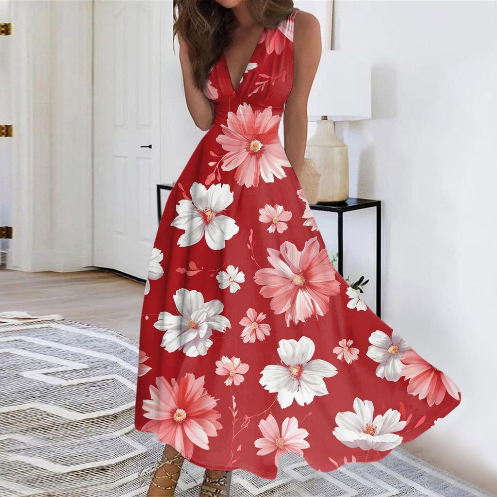 Women's Summer Fashion Retro Print V-Neck Sleeveless Long Dress