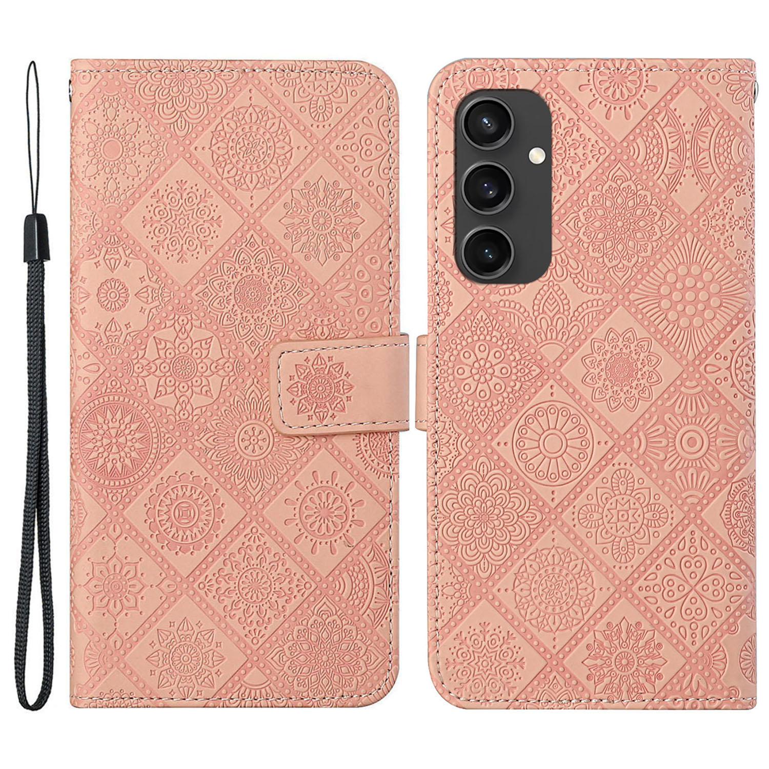 

For Samsung Galaxy S24 FE Leather Case Ethnic Style Phone Wallet Cover with Strap Pink