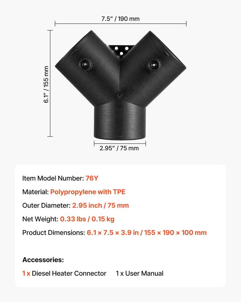 Diesel Heater Connector, 75mm Diesel Heater Duct Connector Accessories, 3-Way Y Branch Diesels Heaters Air Vent Duct with 2 90° Rotatable Valves,