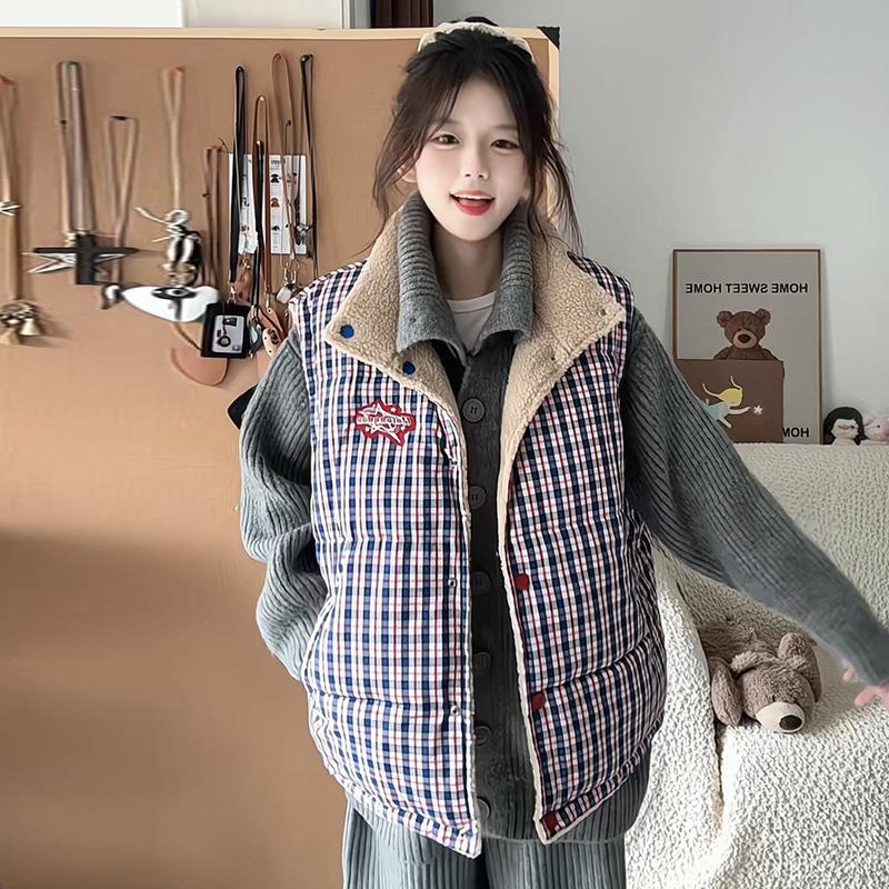 Reversible Lamb Wool Down Cotton Vest for Women Autumn and Winter New Korean Style Loose Cotton Waistcoat Vest