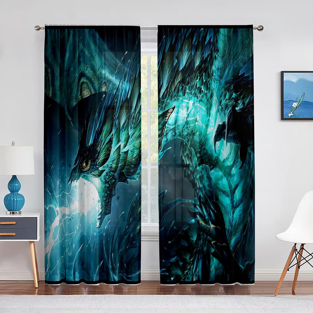 Two Golden Dragon On Red Background Sheer Voile Curtain for Living Room Bedroom Kitchen Transparent Tulle Curtain Window Drape