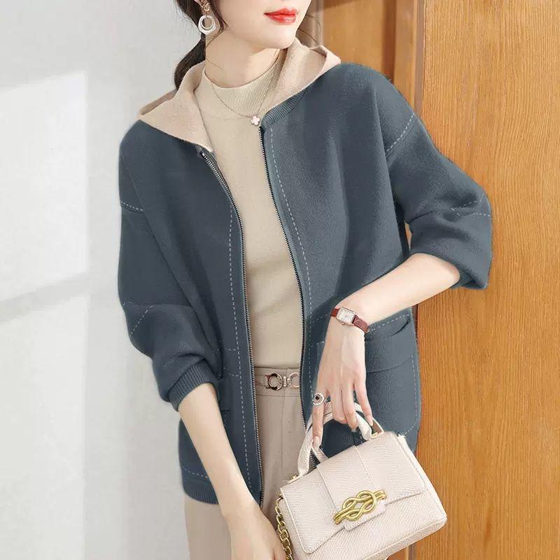 2024 Spring & Autumn Knitted Hooded Cardigan for Middle-Aged & Elderly Women