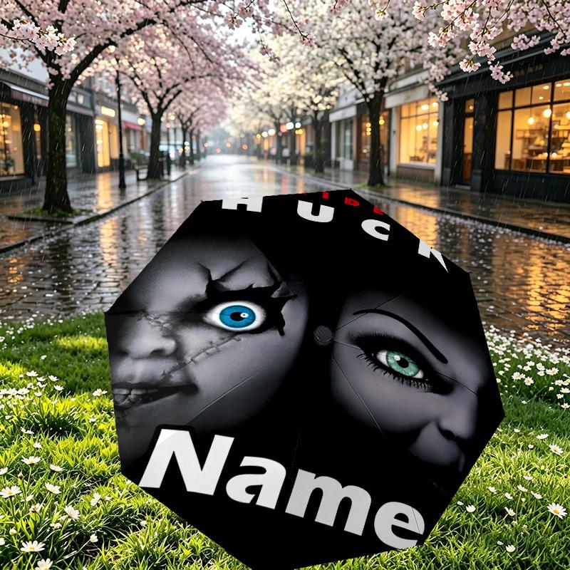 Custom Name Personalized Bride of Chucky Print Umbrella, Auto Open Close, 8‑Rib Sturdy Frame, Commute Camping Hiking Use, Birthday Gift