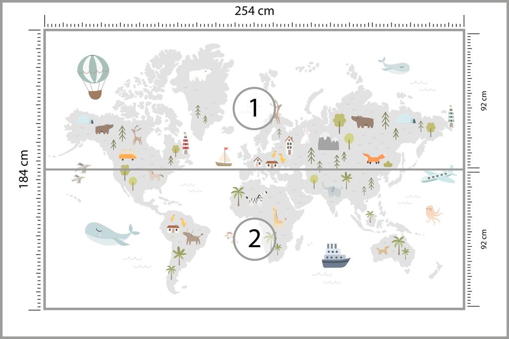 Photomural World Map With Cute Animals In Cartoon Style. Map For Nursery, Kids Room With Nature, Animals, Transports. Scandi Smooth Vinyl 254x184