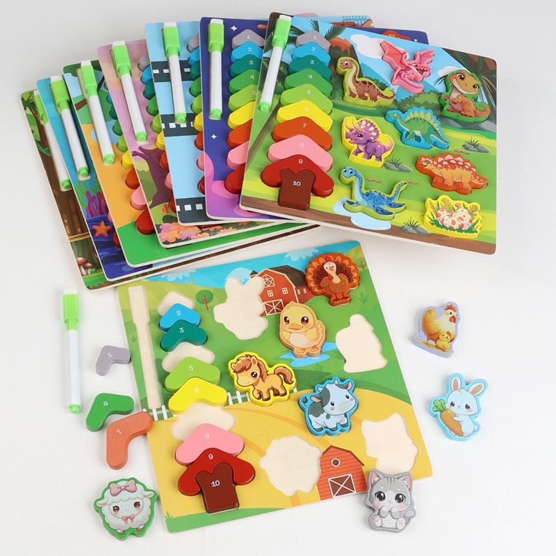 Double-Sided Wooden Animal Matching & Fishing Puzzle Toy for Early Education