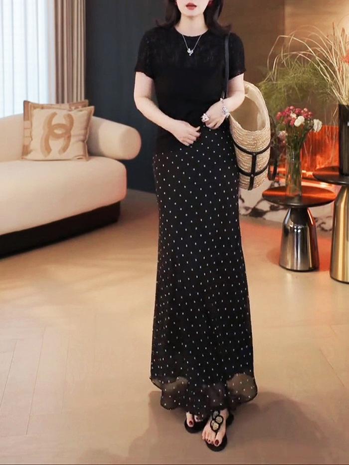 Polka Dot High-Waist Chiffon Fishtail Skirt - Women's Retro Style, Summer 2025 Arrival, Medium-Long Hip-Hugging Design, Hong Kong Fashion.