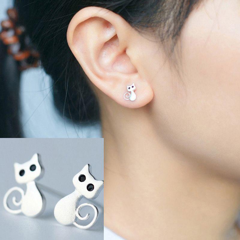 Cute Black Eyes Crystal Cat Stud Earrings for Teens Fashion Jewelry for Daily School Wear Birthday Gift for Girls