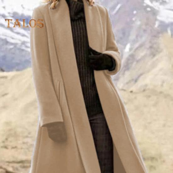 Women Winter Overcoat Open Stitch Turn-down Collar Long Sleeves Windbreaker Loose Cardigan Calf Length Outdoor Woolen Coat