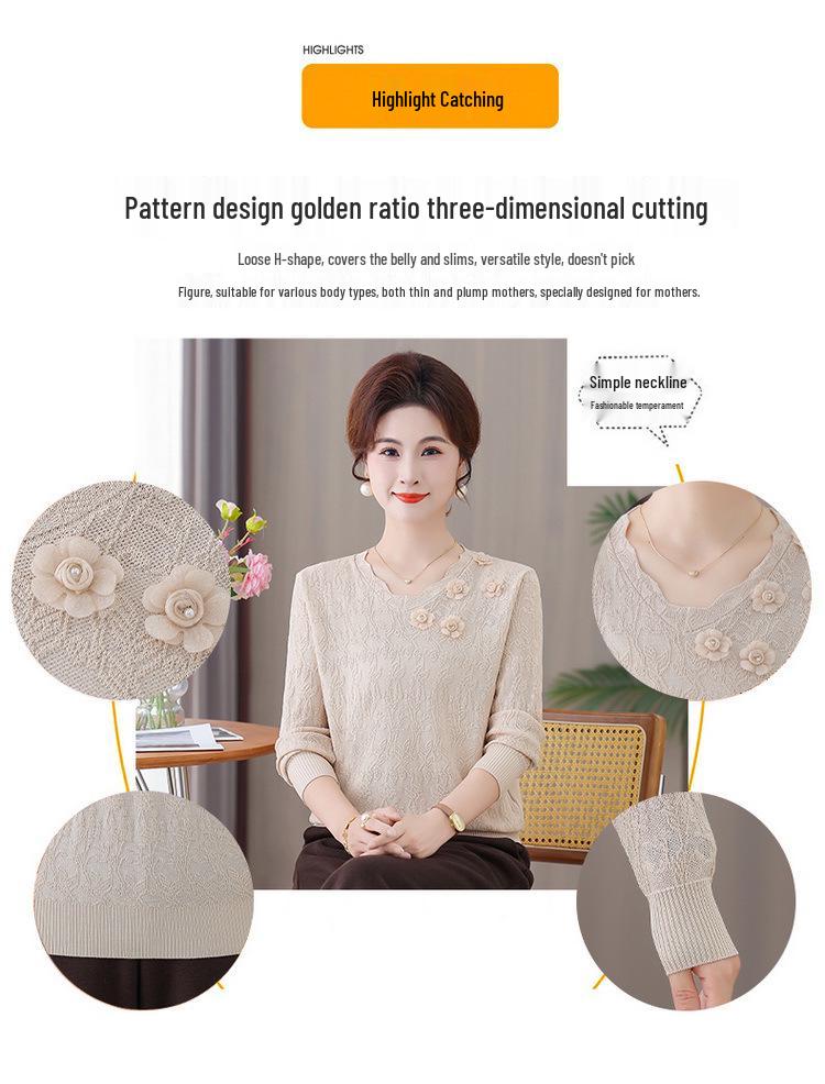 Mom's Versatile Long-Sleeve Knitted Sweater for Middle-Aged and Elderly Women - Elegant Pullover for Spring and Autumn.