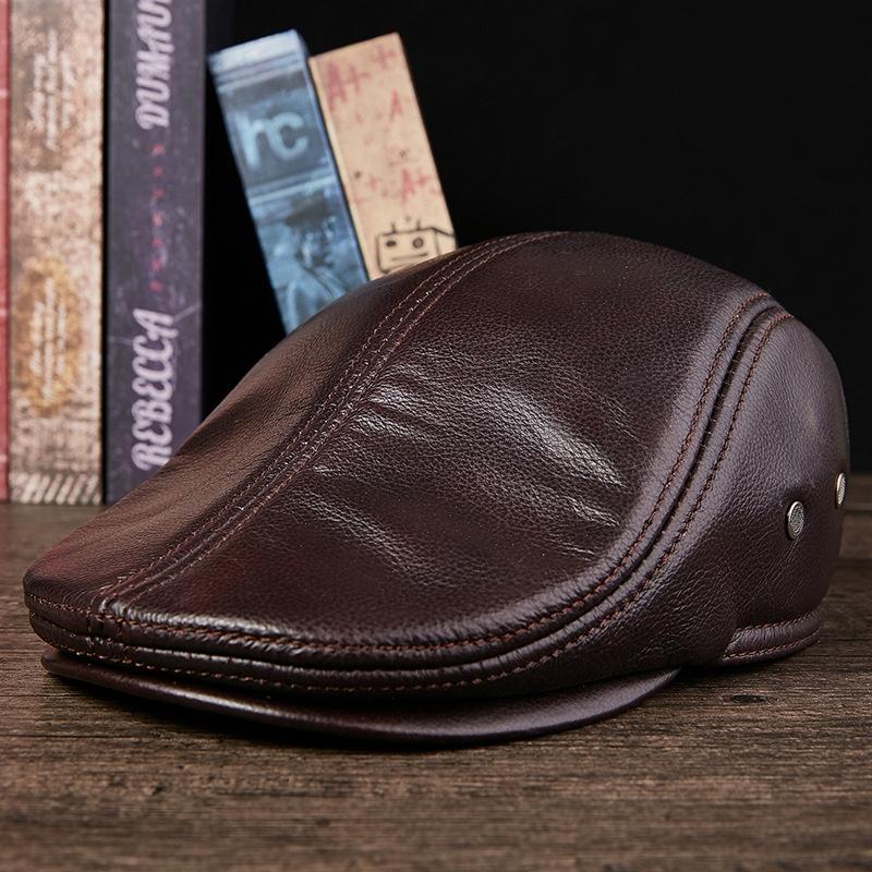 Elderly Autumn and Winter Leather Cap Men's Fashion Warm Cowhide Hat Thickened Beret