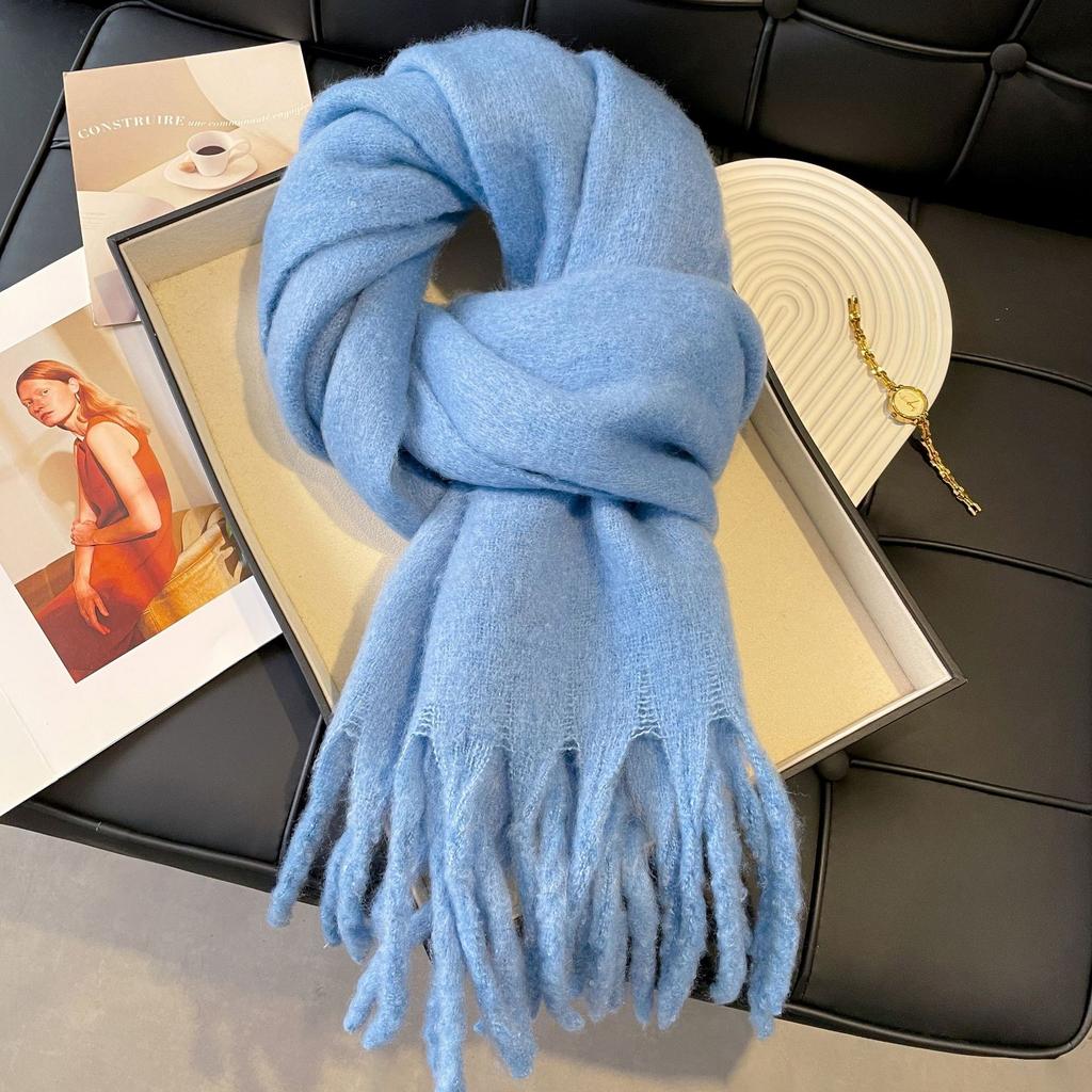 Solid color haze blue scarf female winter fluffy hair thickened student white student warm scarf blue scarf
