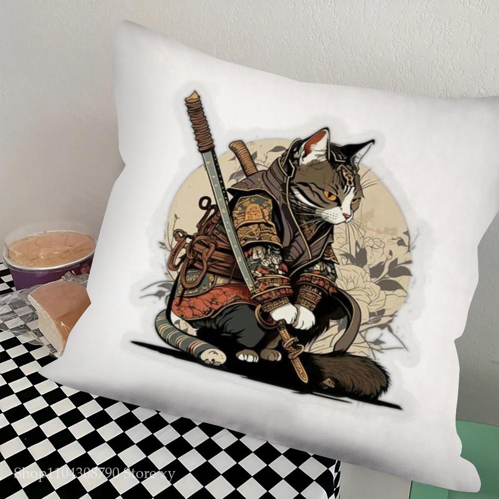1pc Japanese Tattoo Samurai Cat Pillow Case Square Bedroom Sofa Leisure Comfort Cushion Car Living Room Home Decoration