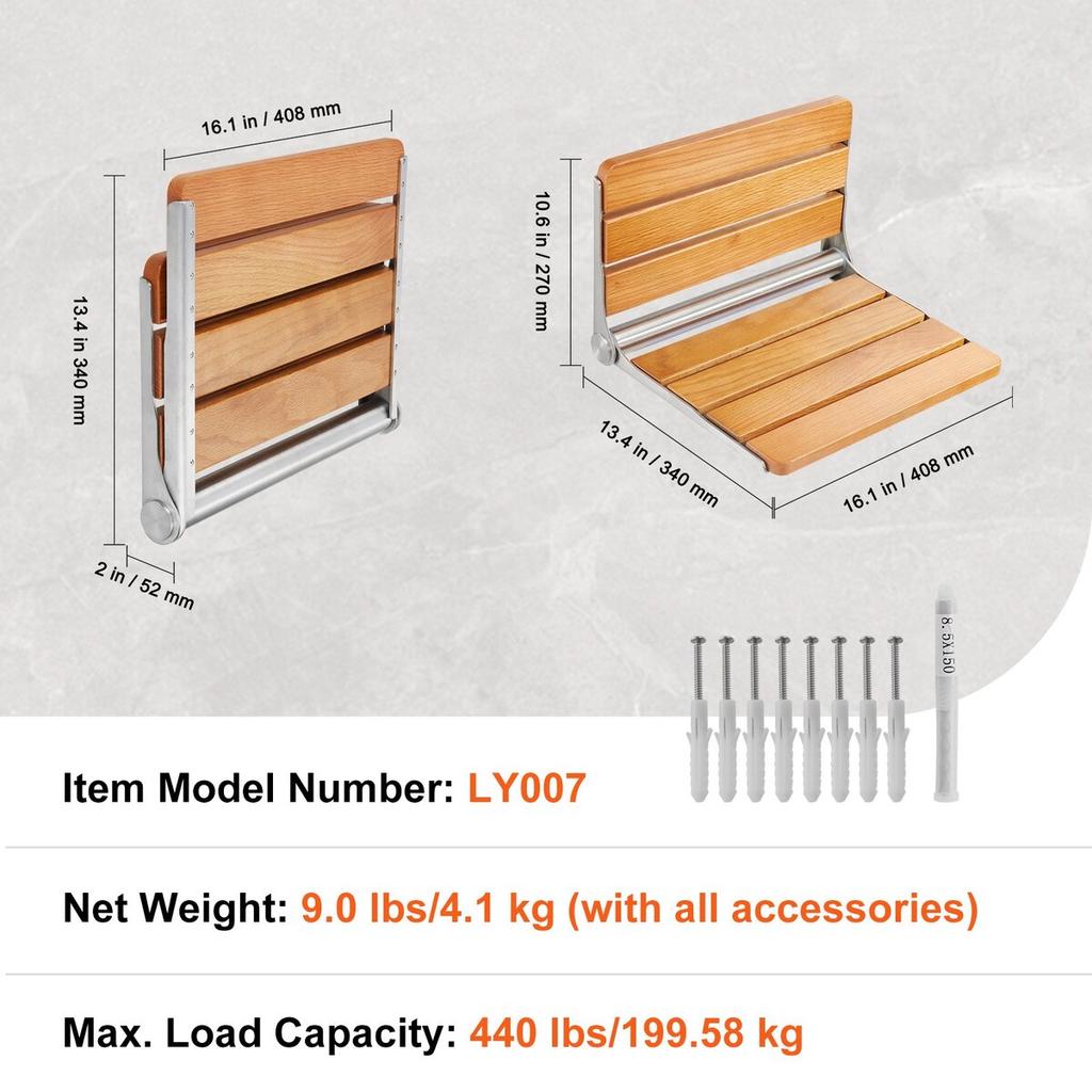 Folding Oak Shower Seat 16.1" X 13.4" Wall Mounted Shower Bench 440 Lbs