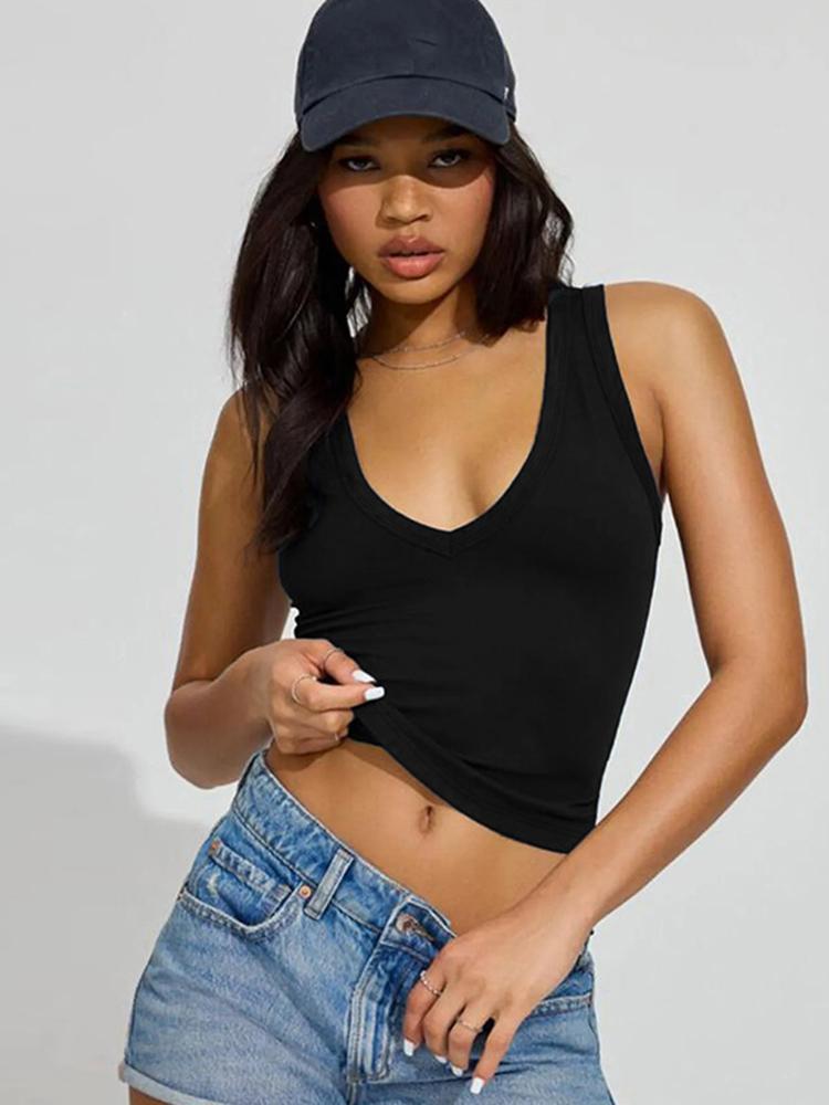 2026 Solid V Neck Straps Sexy Slim Crop Tank Top Summer Women Casual Clothes Streetwear Beach Vacation Fitness Yoga S чёрный