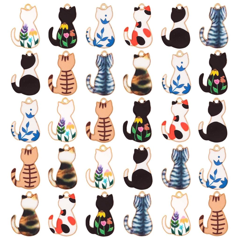 Cat Charm Flower Deco Parts Pendant 30 Pieces Random Colors Alloy DIY Decorations Necklace Earrings Handmade Material.