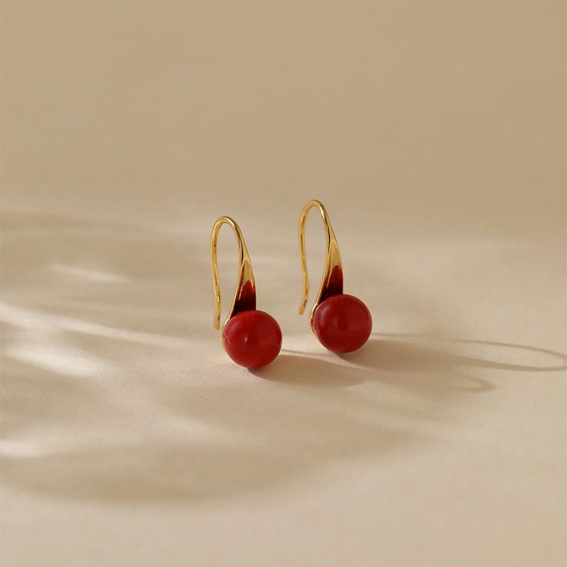 Gold Plated Matte Red Bead Drop Hook Earrings