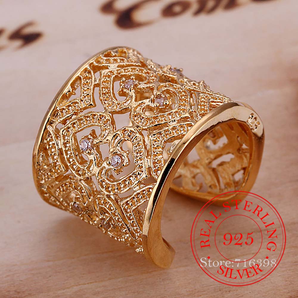 

New Popular 925 Sterling Silver Jewelry Fine Big Wide Fresh Fashion Simple Heart-shaped Love Hollow Open Hole Finger Thumb Rings resizable рожевий колір золота