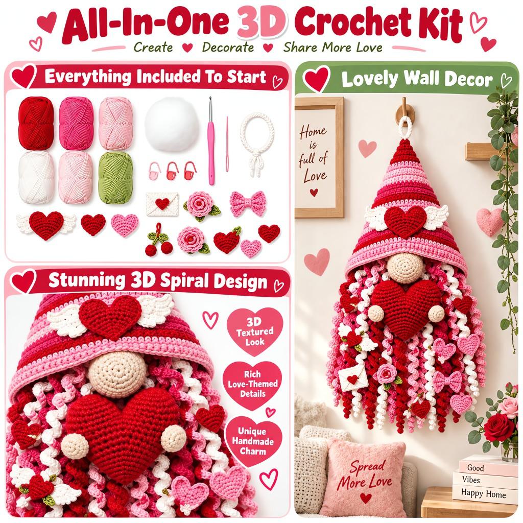 3D Holiday Crochet Kit Crochet Set Handheld Heart Gnome