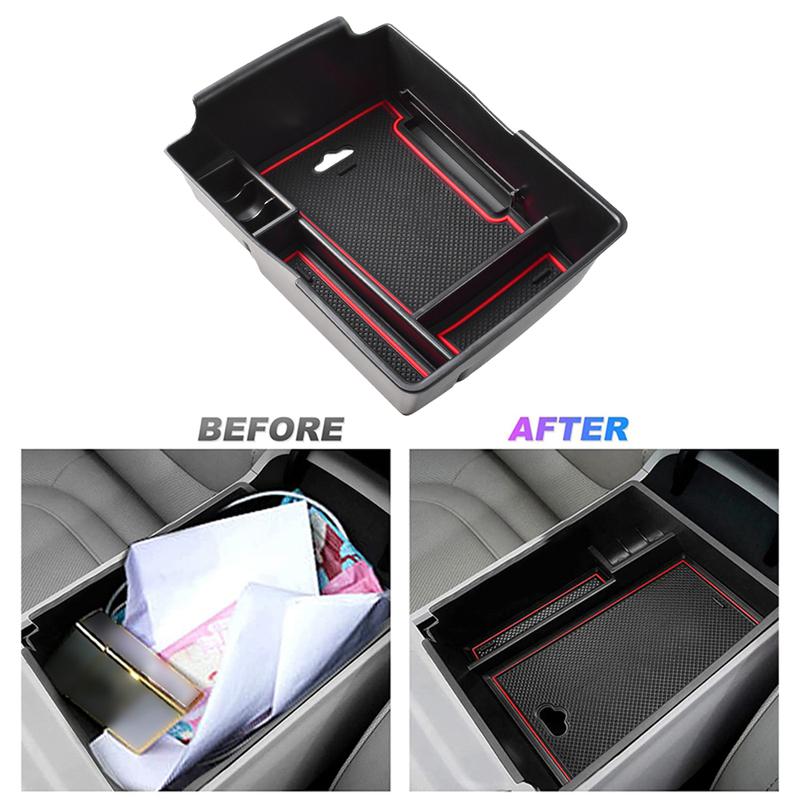 Red center console storage box with anti-slip mat Center Organizer Tray ABS Black Suitable for Hyundai 5th Gen Tucson