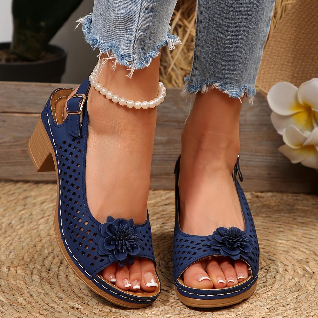 Women's Chunky Heel Sandals Summer Fashion Flower Hollow Beach Shoes Lightweight High Heeled Casual Sandals for Women