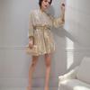 Women's Boat Neck Three Quarter Sleeve Mini Dress Loose Fit Solid Sparkly Sequin Party Club Dress With Waist Tie