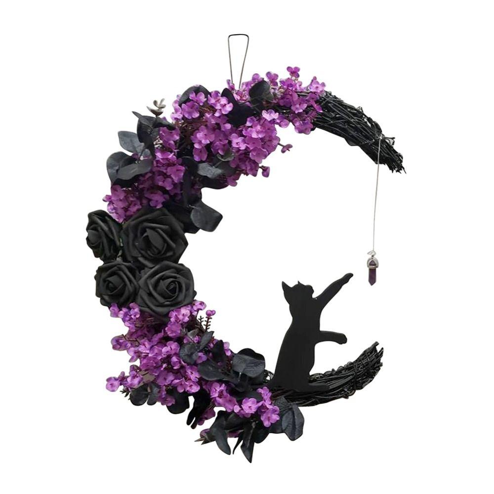 Cat Welcome Sign Moon Shaped Door Hanging Decorations Halloween Wreath  Indoor Outdoor Decorations