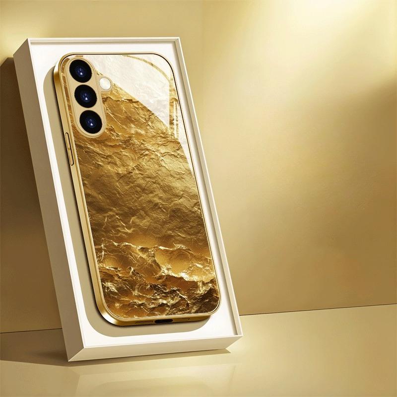 Gold-plated tempered glass phone case, compatible Galaxy S26, S25, S24, S23, and S22 Ultra Plus. Gold textured pattern.
