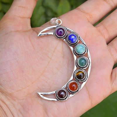 7 Chakra Moon Pendaant 925 Sterling Silver Handmade Jewelry For Women