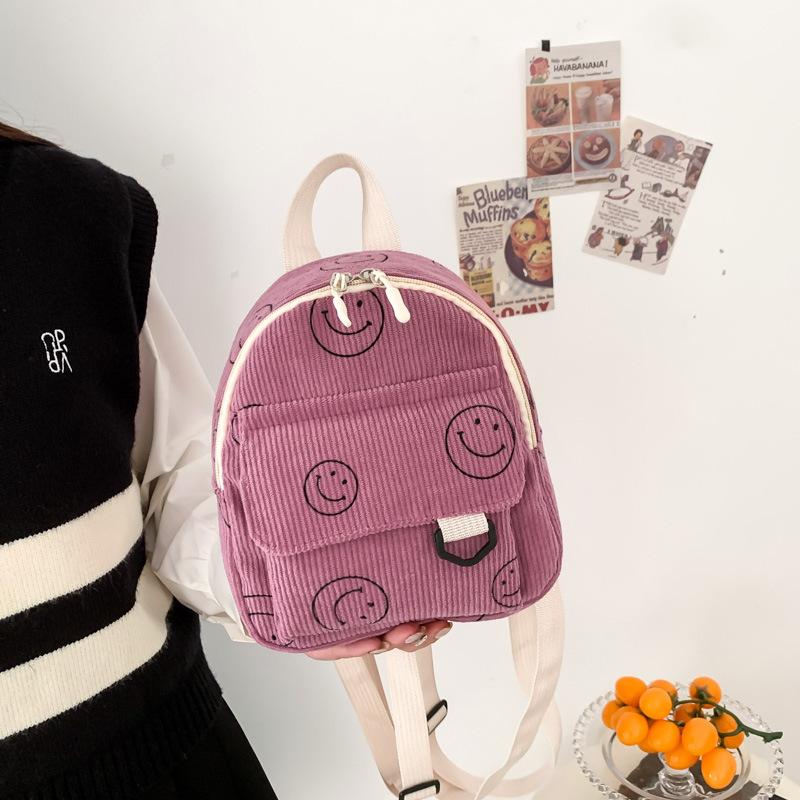 Mini backpack cute smiley face versatile small cosmetic bag corduroy student schoolbag