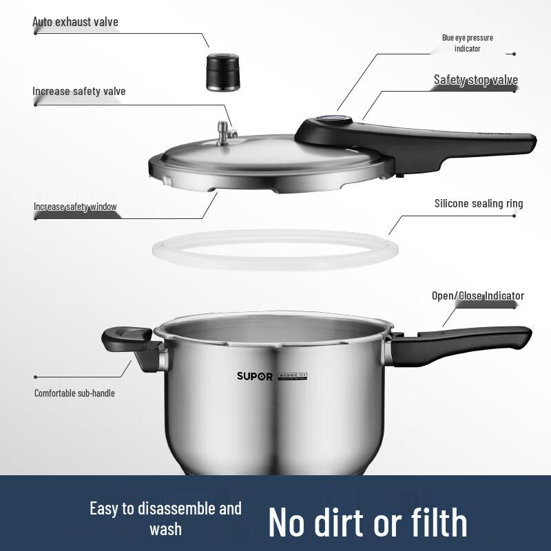 SUPOR 304 Stainless Steel Household Pressure Cooker with Blue Eye Indicator