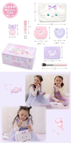 Mother Garden Pretend Play Non-Staining Makeup Pouch Set [Fluffy Cat] Wooden Makeup Set for Girls, Dresser, Gift for 3-Year-Old Girls, Toy Makeup