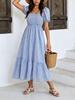 Large Size Summer Idyllic Bubble Sleeve Cake Dress Vichy Square Neck High Waist Dress