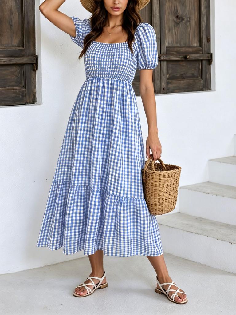 Large Size Summer Idyllic Bubble Sleeve Cake Dress Vichy Square Neck High Waist Dress