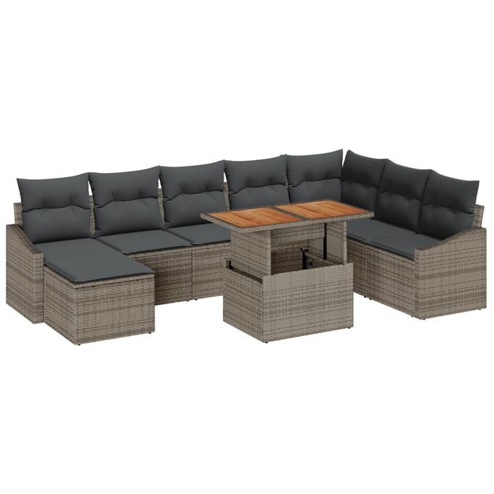VidaXL Ensemble de salle à manger de jardin 9 pièces avec coussins gris poly rotin acacia 3349873