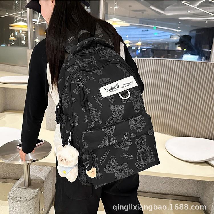 Schoolbag schoolbag for female junior high school students, simple printed bear, large-capacity backpack, new trendy college student couple computer