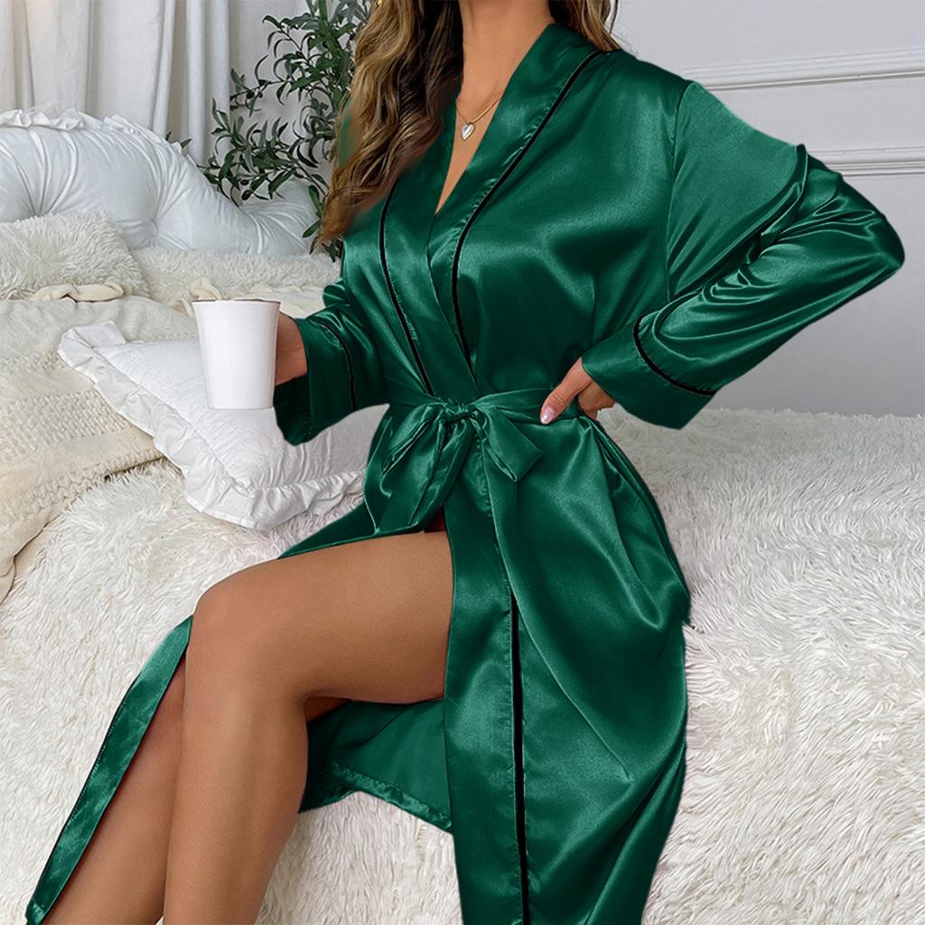 Women's Fashion Home Clothes Cardigan Bathrobe Long Sleeve Solid Color Nightgown