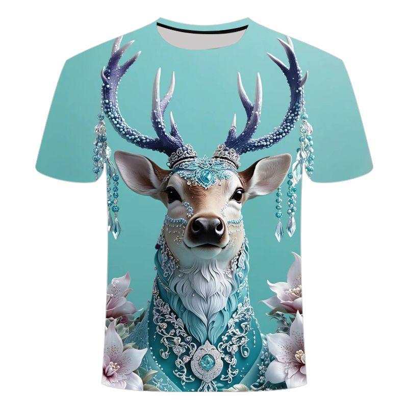 Summer Elk 3D Pattern Short Sleeve T-shirt Loose Summer Trendy Fashion Men's and Women's Round Neck T-shirt
