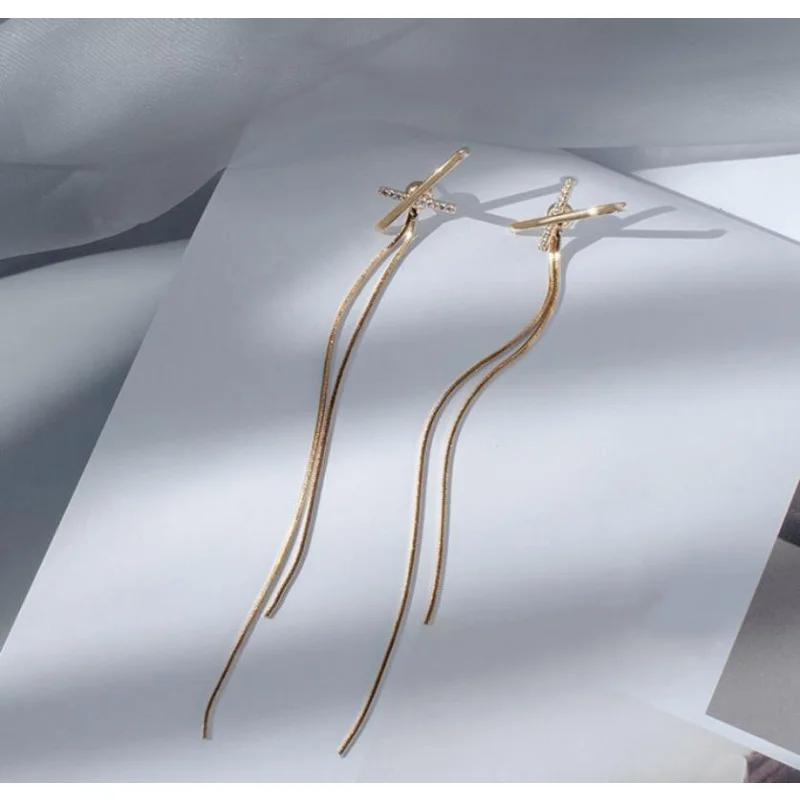 Geometric Design Sense Of Ladies Earrings Temperament Long Cross Tassel Chain Earrings Luxury Personalized Earrings Gifts Light Yellow Gold Color