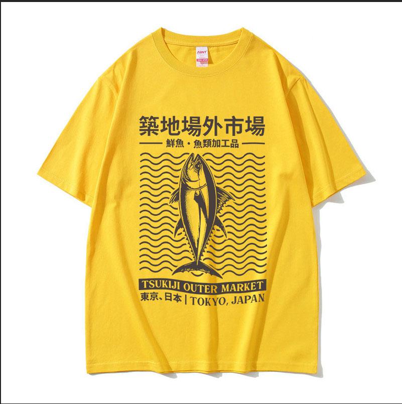 Japanese Tsukiji Outep Market Fish Funny Graphic T Shirts Unisex Retro Fashion Oneck Oversized Cotton Tshirt Unisex Streetwear