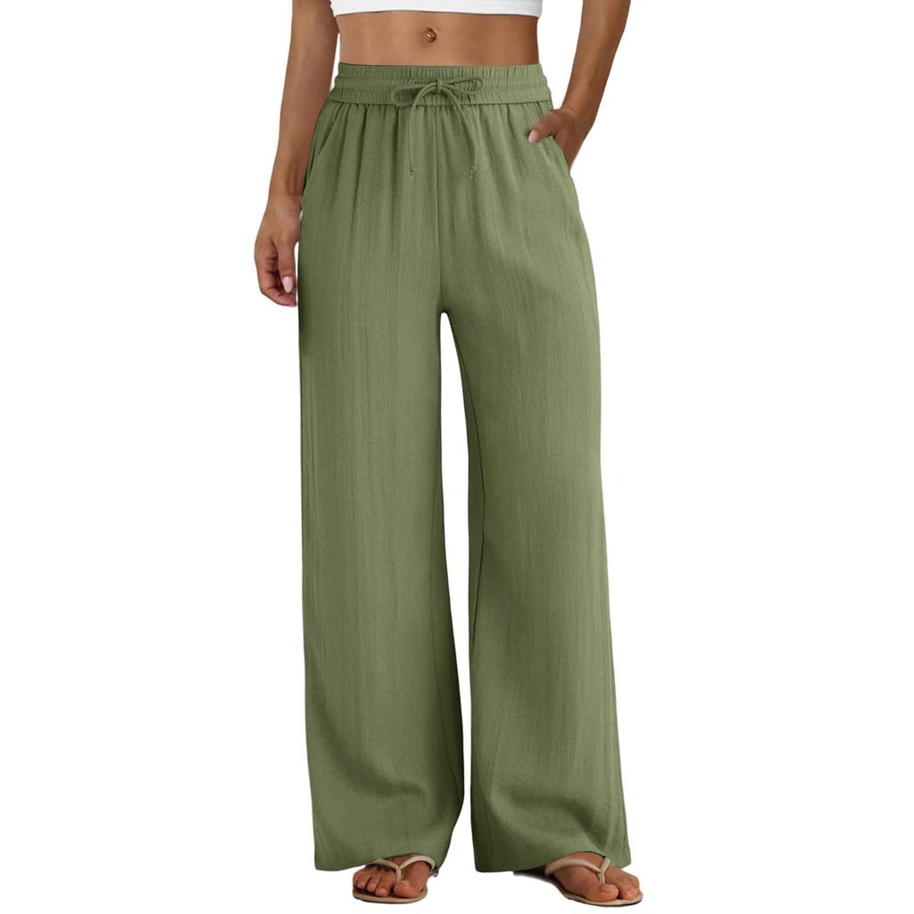 Wide Leg Pants for Women Flowy  Drawstring Elastic Waist Trousers with Pockets Summer Beach Vacation Clothes