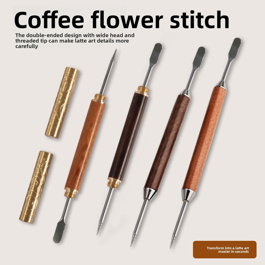 Latte Art Needle Tool with Carved Rosewood Handle Professional Coffee Decorating Pen for Baristas